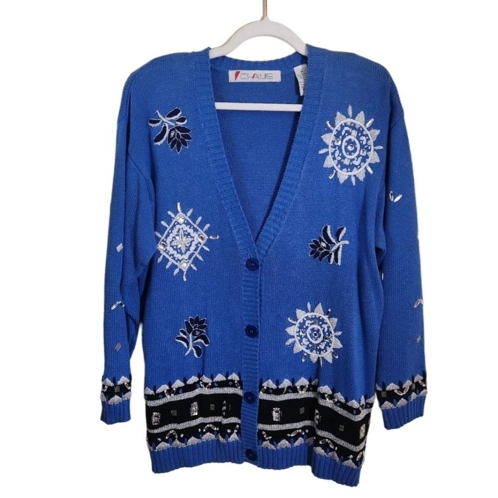 Vintage 80s Chaus Embellished V Neck Grannycore Cardigan Sweater Size M